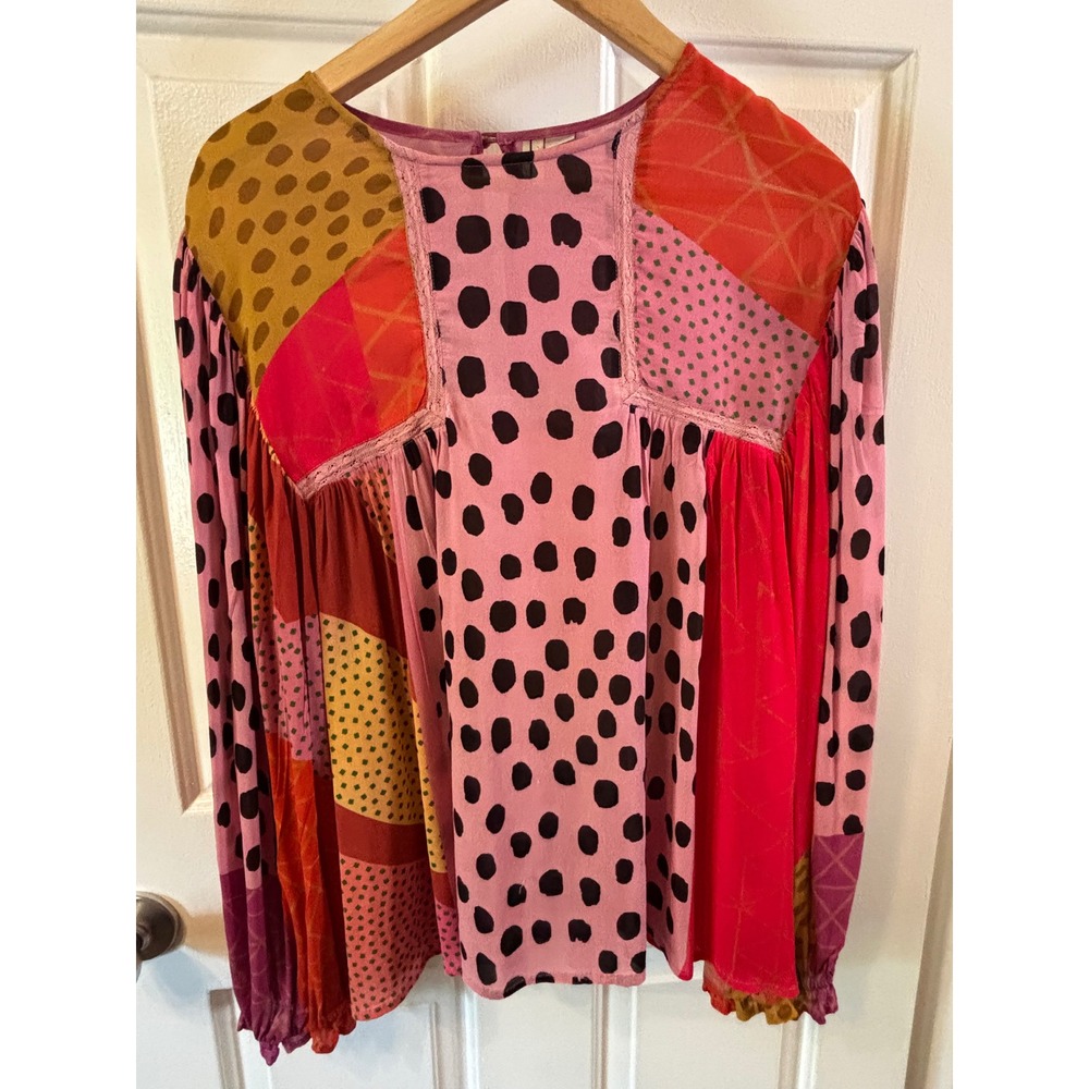 Anthropologie Cloth & Stone Patchwork Polka Dot Geometric Blouse Pink Orange L